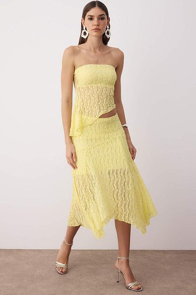 Trendyol Collection Light Yellow Straight Strapless Sleeveless Knitted Lace Stylish/Evening Bottom - Top Set Tprss25Au00011