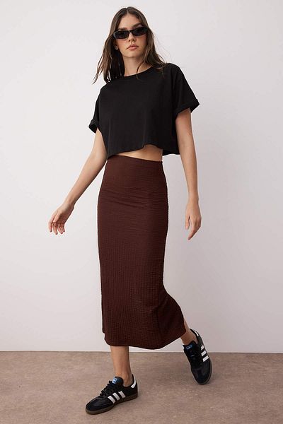 Trendyol Collection Brown Textured Slit Midi Stretchy Knitted Skirt Twoss25Et00213