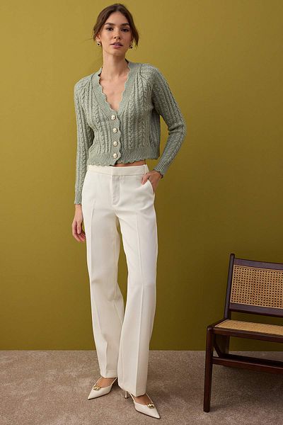 Trendyol Collection Mint Soft Textured Pearl Button Detailed Crop Knitwear Cardigan Twoaw26Hi00185