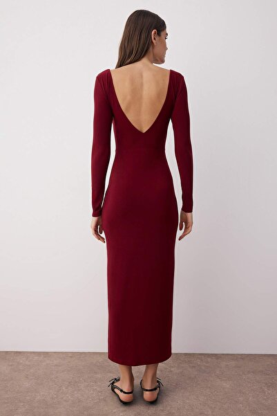 Trendyol Collection Burgundy Boat Neck Back Cutout Slit Fitted/Slim Fit Maxi Stretchy Knit Dress Twoaw24El00824