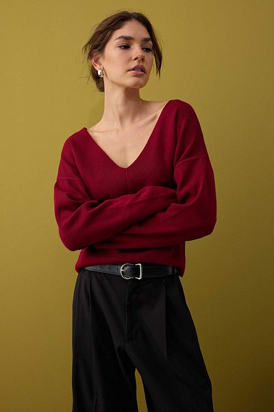 Trendyol Collection Burgundy Premium Yarn/Special Yarn Corset Stitching Detail Knitwear Sweater Twoaw26Kz00069