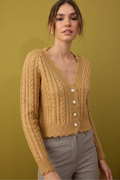 Trendyol Collection Stone Soft Textured Pearl Button Detail Crop Knitwear Cardigan Twoaw26Hi00185