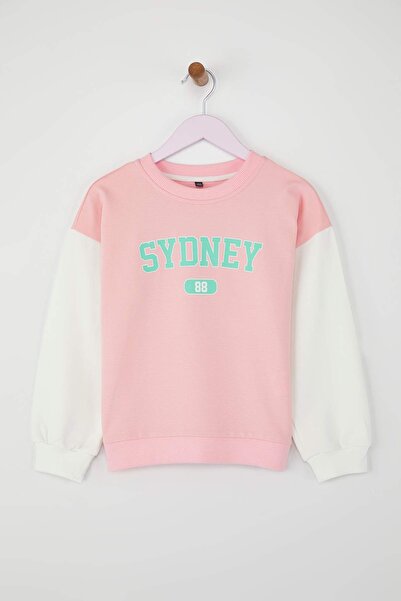 TRENDYOLKIDS Відкритий рожевий 100% бавовна Слоган з принтом Oversize в'язаний дитячий світшот для дівчаток TKDAW26SW00005