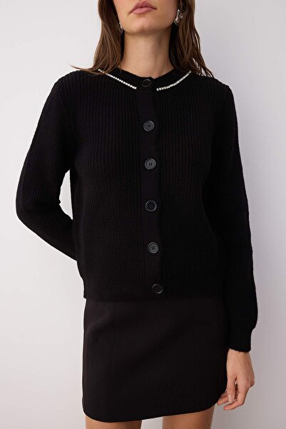 Trendyol Collection Black Stone Embroidered Soft Textured Knitwear Cardigan Twoaw26Hi00087
