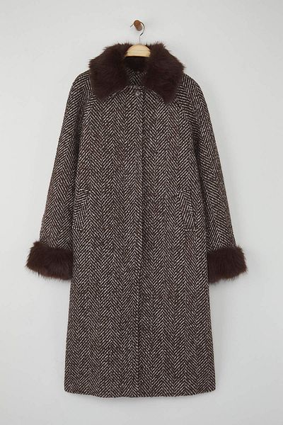Trendyol Collection Brown Fur Detailed Houndstooth Mono Closure Oversize Long Cashmere Coat Twoaw26Kb00044