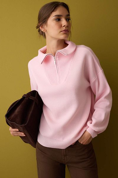 Trendyol Collection Pink Wide Fit Zippered Knitwear Sweater Twoaw26Kz00109