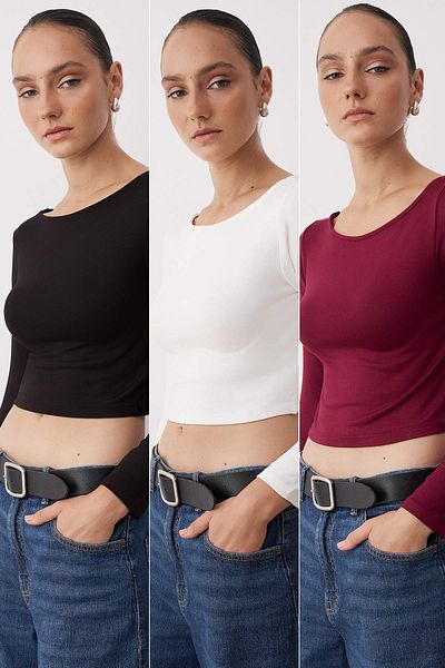 Trendyol Collection 3 Pack Boat Neck Body Fitting Stretchy Crop Knitted Blouse Twoaw25Bz00300