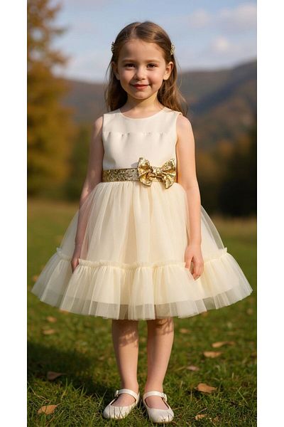 İ&K ŞIMARIK KİDS I&K Shimarik Ki̇ds Girls' Evening Dress with Pul Palette Detail on the Front