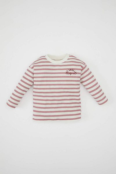 DeFacto Tricou cu mânecă lungă din bumbac pieptănat cu imprimeu în dungi pentru fetiță D2853A524AU