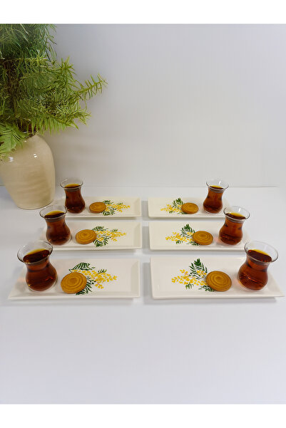 Piatti Naturali Set of 6 Mimosa Pattern Ceramic Treat Plates with Tea Plates - Treat Set - Handmade