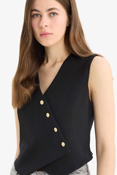 DeFacto Fitted Vücuda Oturan V Yaka Crop Çapraz Düğmeli Blazer Yelek D3159AX24AU