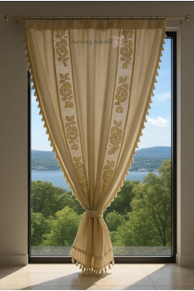 TUNCAY TEKSTİL Ara Rose Linen Buldan Basement Authentic Pom Pom Curtain Width X Boy Rustic and Compatible with Cornice