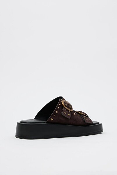 NILUFARR Γυναικείες παντόφλες Ricci από γνήσιο δέρμα - καφέ σουέντ