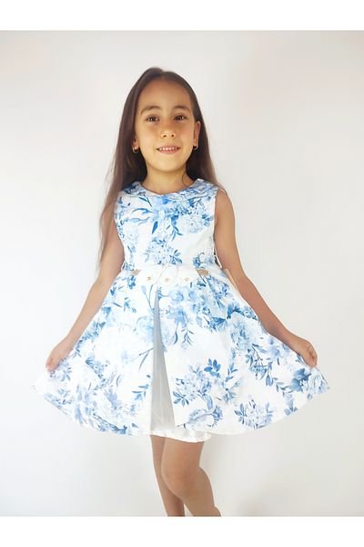 GAMZEAKKUŞ Baby Collar, White Rose Detail, Floral Patterned Evening Dress Children's Dress