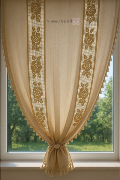 TUNCAY TEKSTİL Ara Rose Linen Buldan Basement Authentic Pom Pom Curtain Width X Boy Rustic and Compatible with Cornice