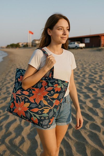 MER HOME Floral Patterned Zippered Lined Beach Bag Daily Shoulder Bag