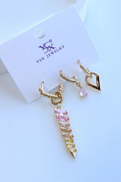 Leo'Stone İthal Seri 3'lü Kombin Çok Renkli Zirkon Taşlı Sallantılı Kadın Çelik Küpe