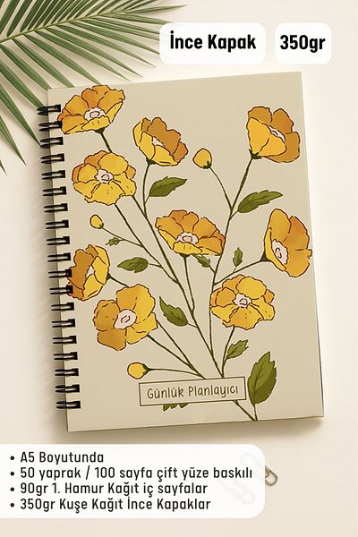 Eldesen Tasarım Daily Planner A5 Notebook, Notes, to Do, Flexible Cardboard Cover, 100 Days, Orange Flower