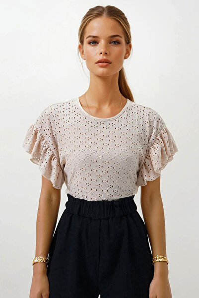 VAGGON Γυναικεία μπεζ μπλούζα με λαιμόκοψη με βολάν πλεκτή μπλούζα Vs00279