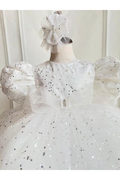 Hobidik Beyaz Simli Fiyonk Detay Kız Çocuk Tütü Doğum Günü Elbise