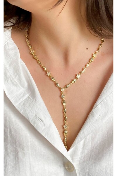 Sacha Accessories Figured Zircon Stone Detailed Gold Y Necklace
