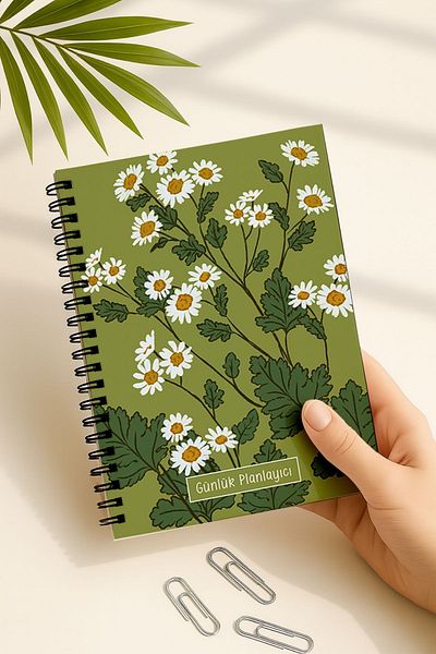 Eldesen Tasarım Daily Planner A5 Notebook, Notes, to Do, Flexible Cardboard Cover, 100 Days, Green Daisy