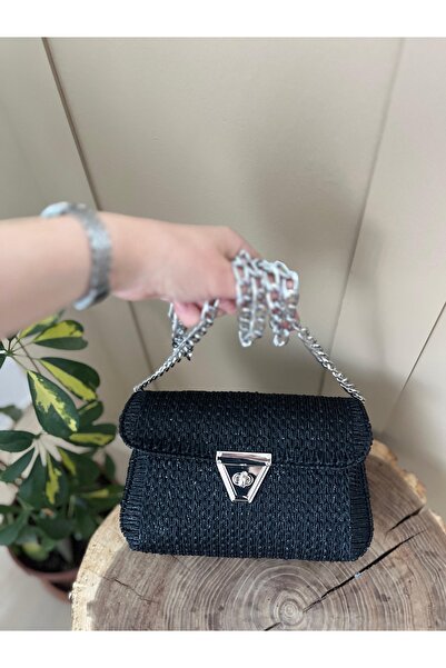 thekam Belek - Simli Siyah Çanta Örgü Kiti 45x21 (ÇANTA ZİNCİRİ, KANVAS, SİMLİ NO.4 200 Gr IP, KİLİT, IĞNE)