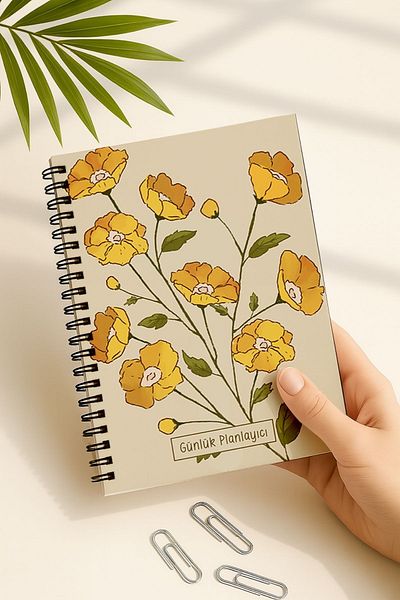 Eldesen Tasarım Daily Planner A5 Notebook, Notes, to Do, Flexible Cardboard Cover, 100 Days, Orange Flower