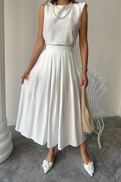 modamtn Linen Sleeveless Bluz - Maxi Skirt Set - White