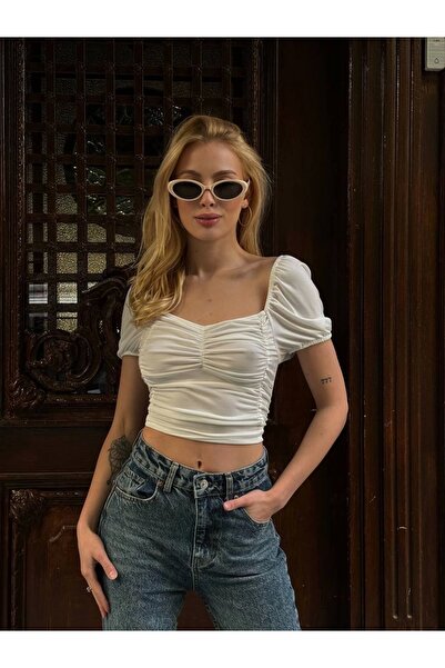 Bak Moda White Crop - Gathered and Back Decollete