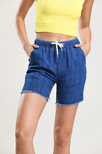 pass&pass 2080 Γυναικείο τζιν σορτς με φούντες στα πόδια - Σκούρο μπλε