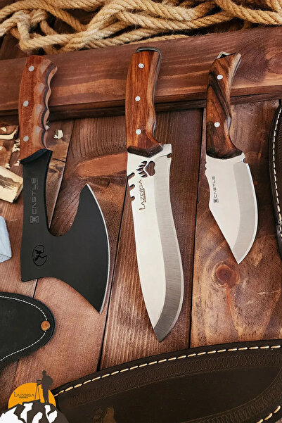 LAZBİSA 3 Lü Outdoor Balta Bıçak Seti Kamp Baltası Bıçak Şef Bıçağı Nacak Budama Baltası Lzbltdx