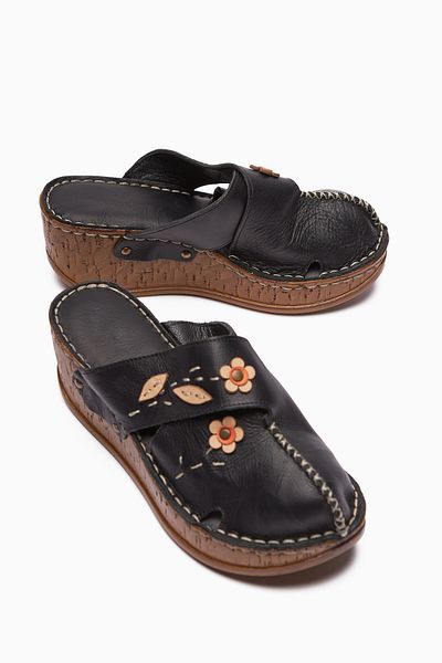 Limoya Papuci de confort din piele naturală Alto Black Wedge Papuci de confort cu talpă antică