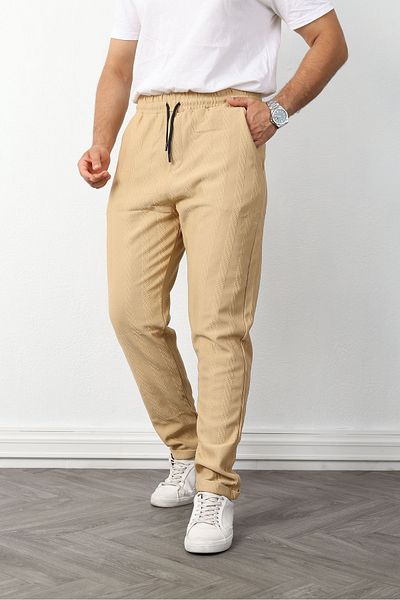 GETMAH Men's Beige Color Double Leg Textured Fabric Sweatpants