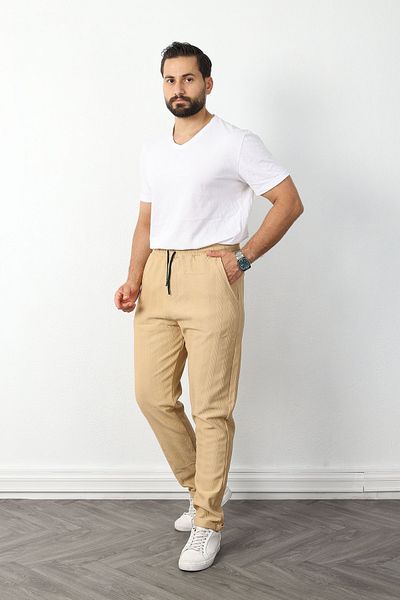 GETMAH Men's Beige Color Double Leg Textured Fabric Sweatpants