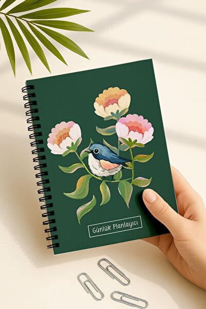 Eldesen Tasarım دفتر ملاحظات يومي مقاس A5، ملاحظات، مهام، غطاء من الورق المقوى المرن، 100 يوم، طائر أخضر