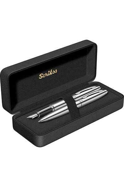 Scrikss 88 Fountain Pen + Ballpen Double Set Chrome (Lifetime Warranty-Luxury Boxed)