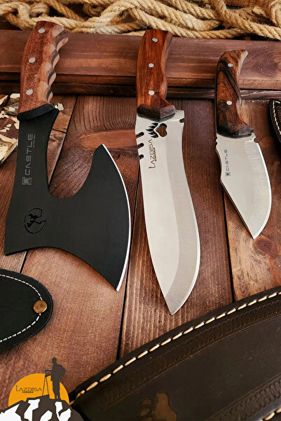LAZBİSA 3 Lü Outdoor Balta Bıçak Seti Kamp Baltası Bıçak Şef Bıçağı Nacak Budama Baltası Lzbltdx