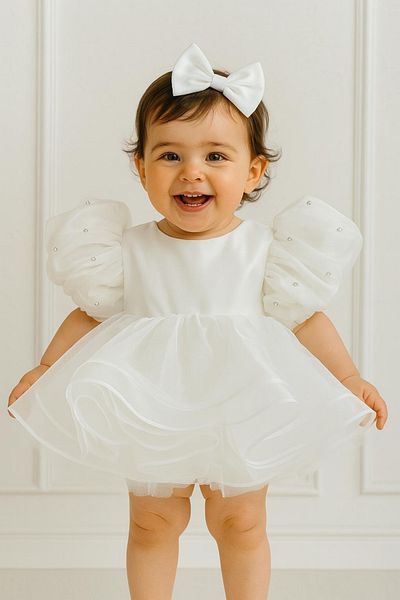 Hobidik Baby White Stone Puffy Tulle Girl's Dress |   1-8 Years Birthday Special Daily
