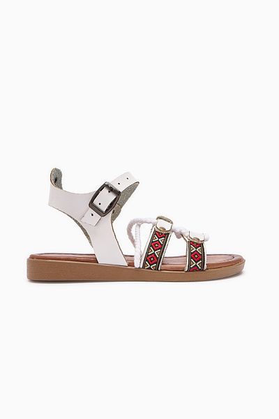 Limoya Genuine Leather Sohna White Women's Sandals with Authentic Embroidery Detail