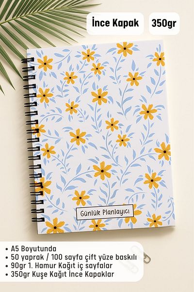 Eldesen Tasarım Daily Planner A5 Notebook, Notes, to Do, Flexible Cardboard Cover, 100 Days, Yellow Daisy