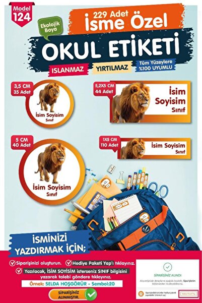 t tuğset etiket Okul Etiketi Aslan Temalı Sarı Kırmzı Kalem Defter Etiketi Öz...