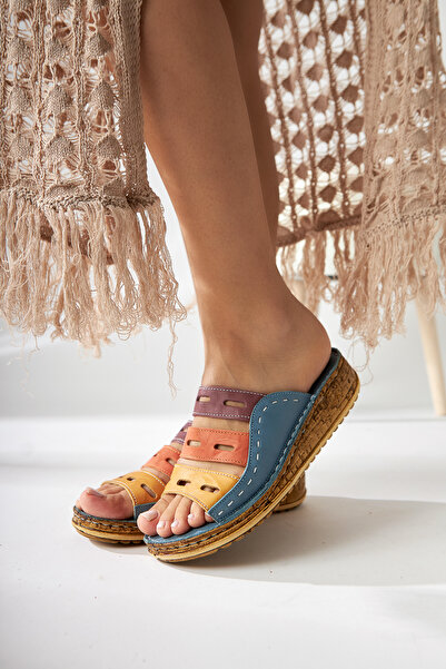 Limoya Kadın Kot Mavi Mor Comfort Lazer Kesim Hakiki Deri Kadın Terlik