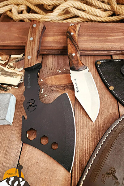 LAZBİSA 2 Li Outdoor Balta Bıçak Seti Kamp Baltası Bıçak Şef Bıçağı Nacak Ahşap Sap Blt3