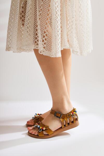 Limoya Genuine Leather Alize Mustard Women's Sandals with Bead and Leaf Detail Opportunity Product