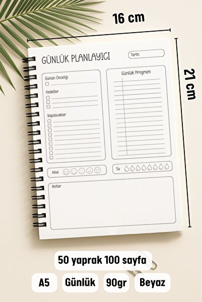 Eldesen Tasarım Günlük Planlayıcı A5 Defter, Notlar, Yapılacaklar, Esnek Karton Kapaklı, 100 Günlük, Mavi Fiyonk