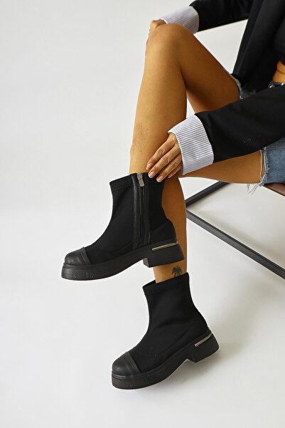 Limoya Kaiza Siyah Deri Detaylı Dalgıç, Streç Kumaş Kadın Bot, Kadın Bootie