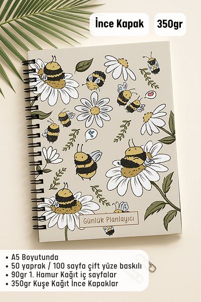 Eldesen Tasarım Daily Planner A5 Notebook, Notes, to Do, Flexible Cardboard Cover, 100 Days, with Bee