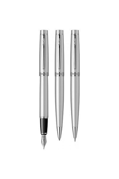 Scrikss 38 Fountain Pen + Ballpen + Versatile Triple Set Matte Chrome (Lifetime Warranty-Luxury Boxed)