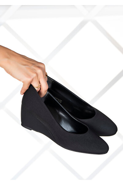 Erkan Saçmacı Maya Black Crepe Round Toe Wedge Heeled Casual Shoes